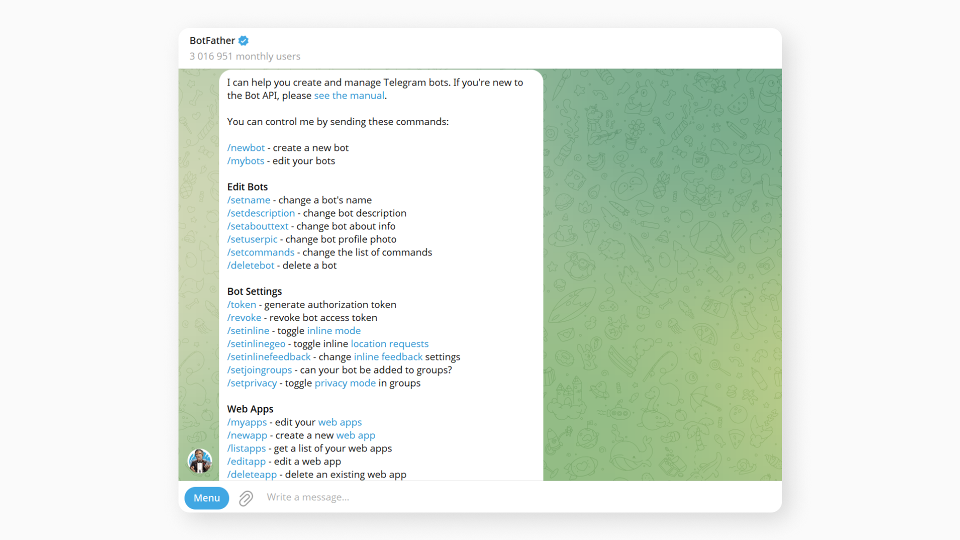 Botfather interface