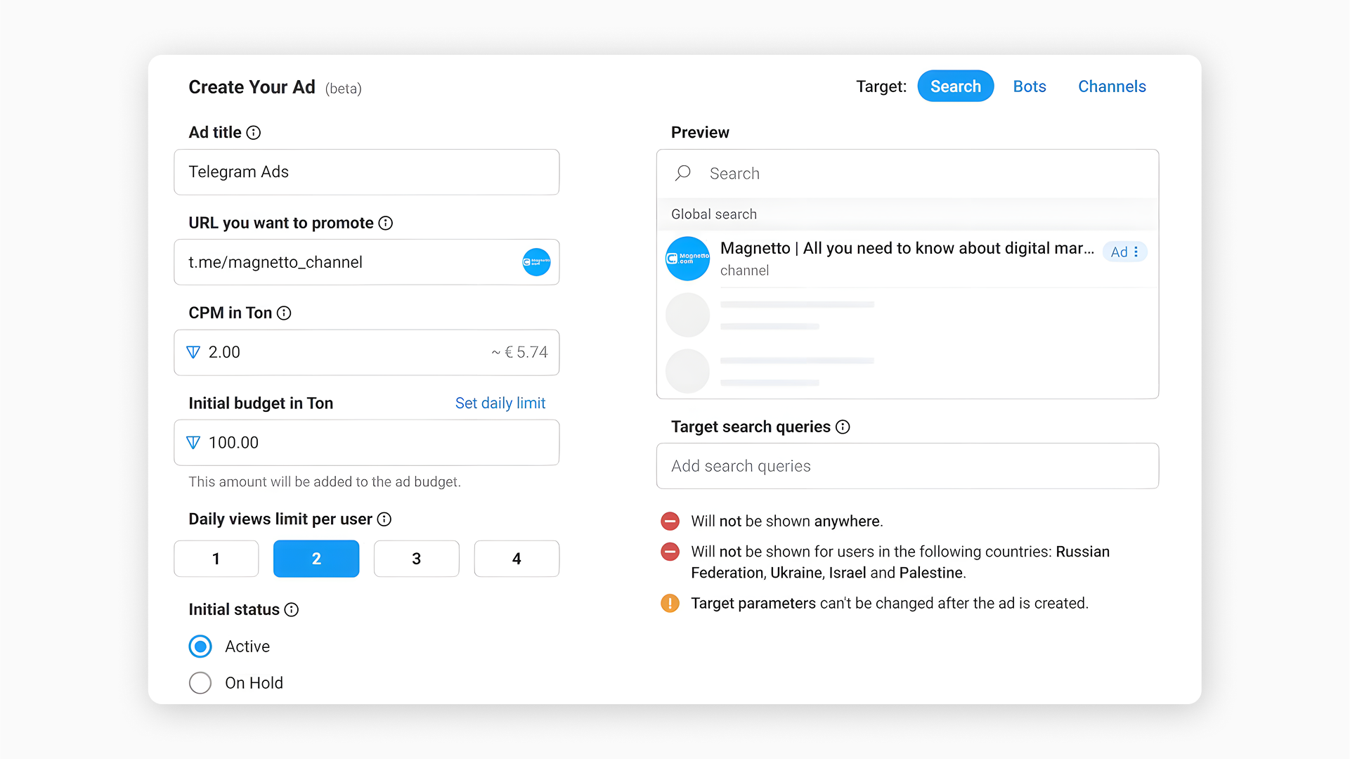Create your Telegram ad | Telegram Ads platfrom