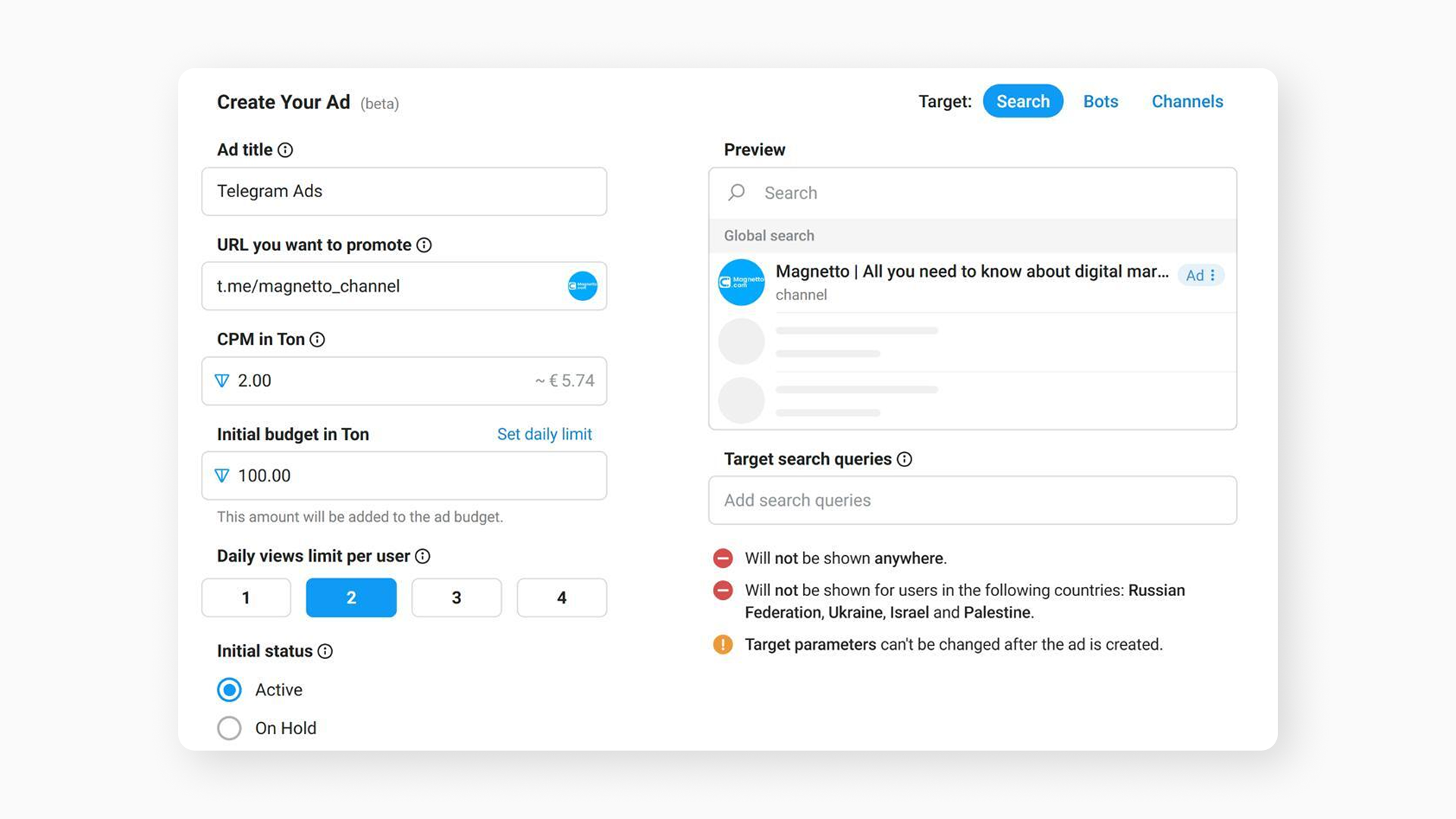 Telegram Ad account. Preview of a search ad