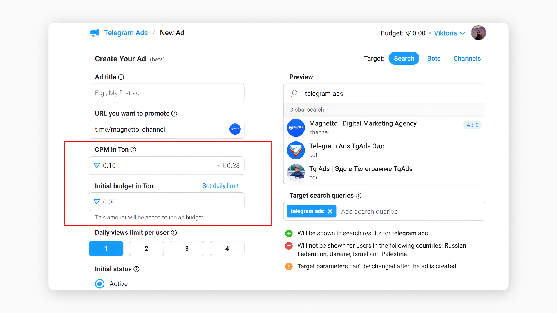 Telegram Ads account CPM