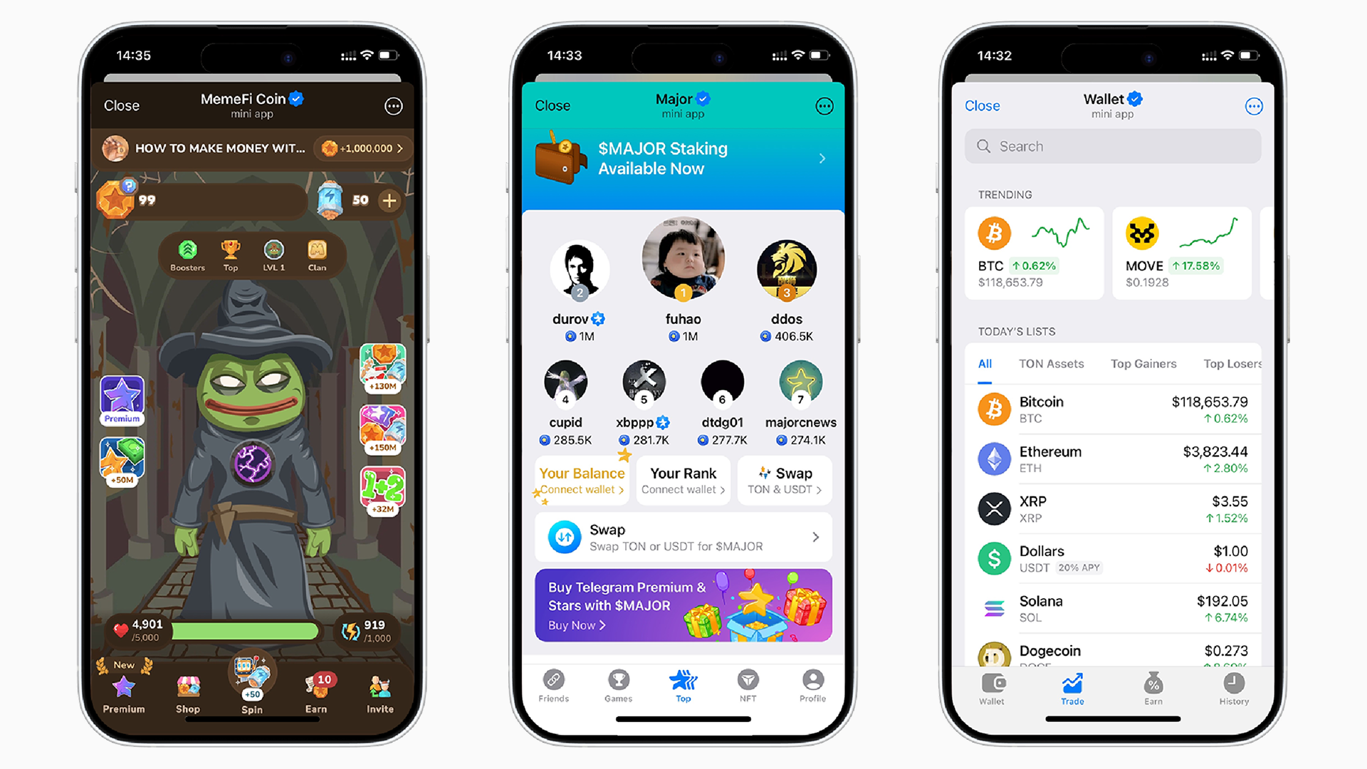 Telegram mini apps: MemeFi Coin, Major, and Wallet